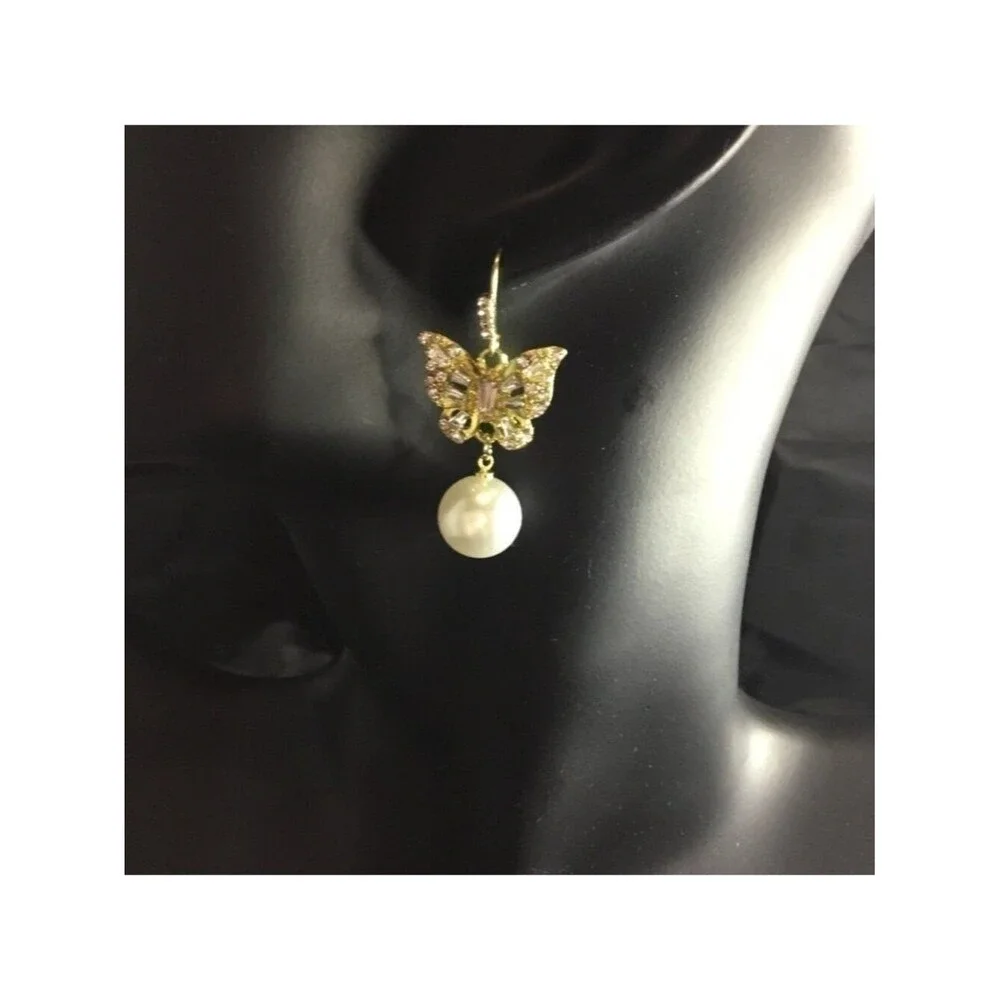 Gold Crystal Butterfly Luxury Rhinestone Drop White Pearl Statement Earrings